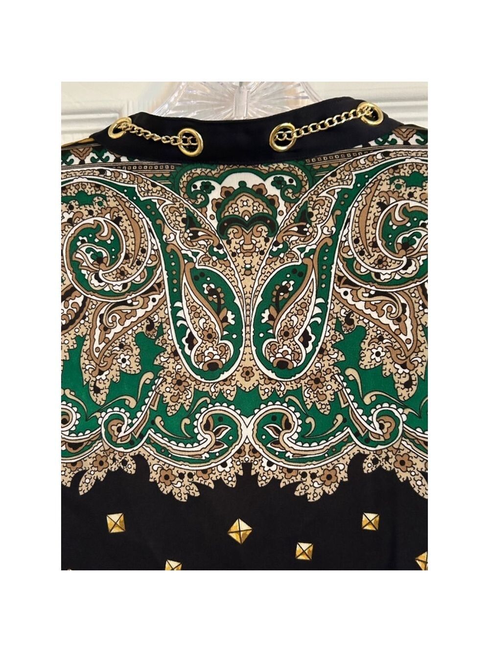 Michael Kors Paisley Shirt Dress Medium Green Navy Gold Chain Midi - Picture 7 of 11